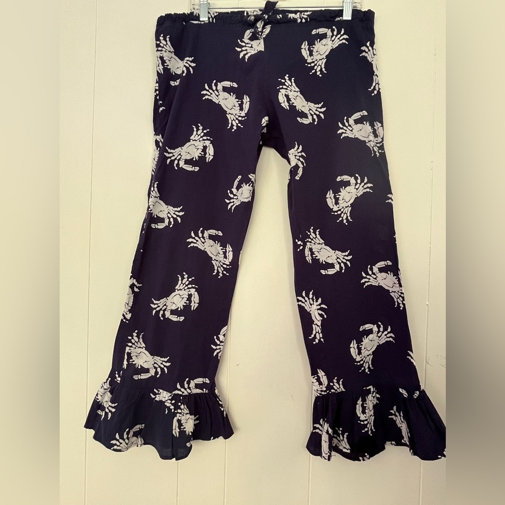 BUCKHEAD BETTIES Blue & White CRAB Print Ruffle Bottom Lounge Sleep Pants Small - Picture 5 of 8